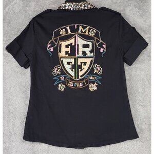 Free For Humanity Shirt Womens Small Black Sequined Button Up Short Sleeve Retro